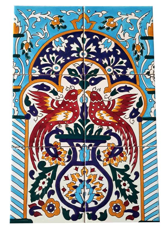Orientalisches Fliesenbild mit zwei roten Vögeln im Torbogen, handbemalte Azulejos im tunesischen Stil, 6-teiliges Set, 30x45
