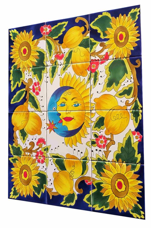 Handbemaltes 12er Fliesenbild Sonne &amp; Mond mit Sonnenblumen, farbenfrohe Wandkunst für Ihre Wohnräume, 45x60 cm.
