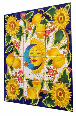 Handbemaltes 12er Fliesenbild Sonne &amp; Mond mit Sonnenblumen, farbenfrohe Wandkunst für Ihre Wohnräume, 45x60 cm.
