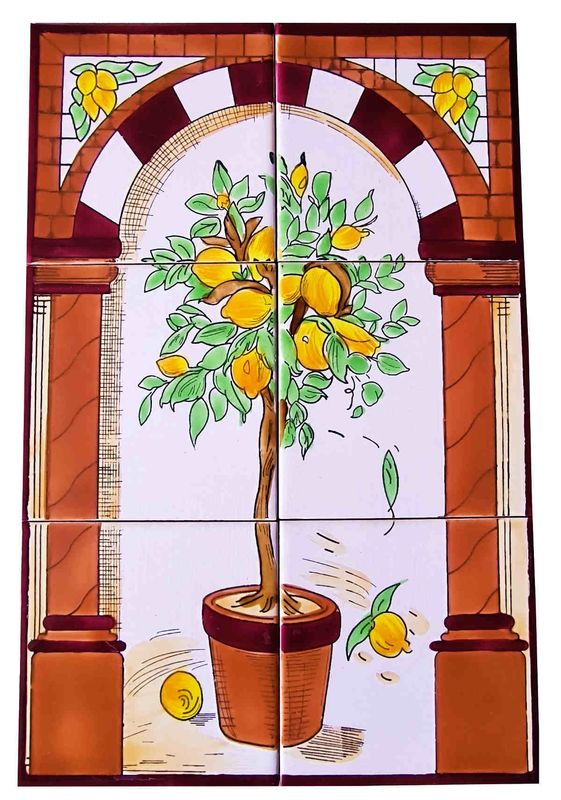 Handbemaltes 6er Fliesenbild Zitronenbaum im rustikalen Torbogen, mediterrane Wandkunst für Ihre Räume, 30x45 cm.

