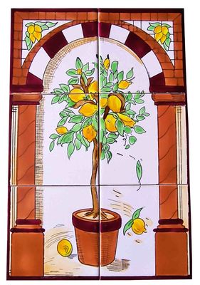 Handbemaltes 6er Fliesenbild Zitronenbaum im rustikalen Torbogen, mediterrane Wandkunst für Ihre Räume, 30x45 cm.
