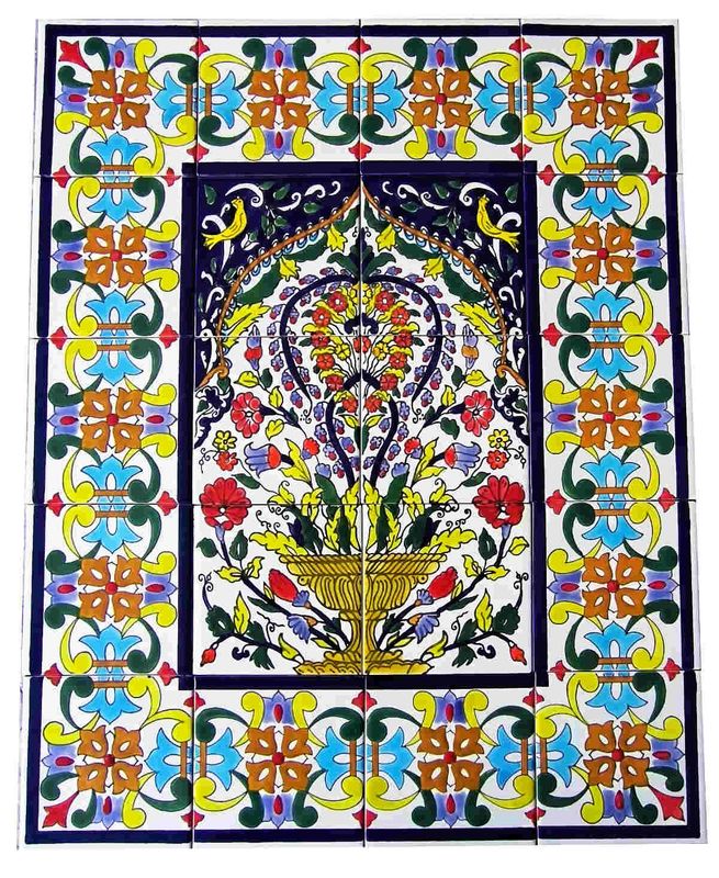 Handbemaltes 20er Fliesenbild orientalische Blumenvase &amp; Vögel, Mosaik-Wandbild mit Pracht-Bordüre, 60x75 cm.

