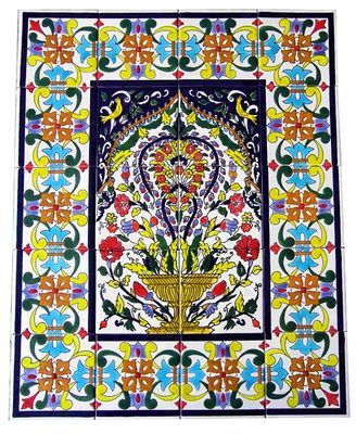 Handbemaltes 20er Fliesenbild orientalische Blumenvase &amp; Vögel, Mosaik-Wandbild mit Pracht-Bordüre, 60x75 cm.

