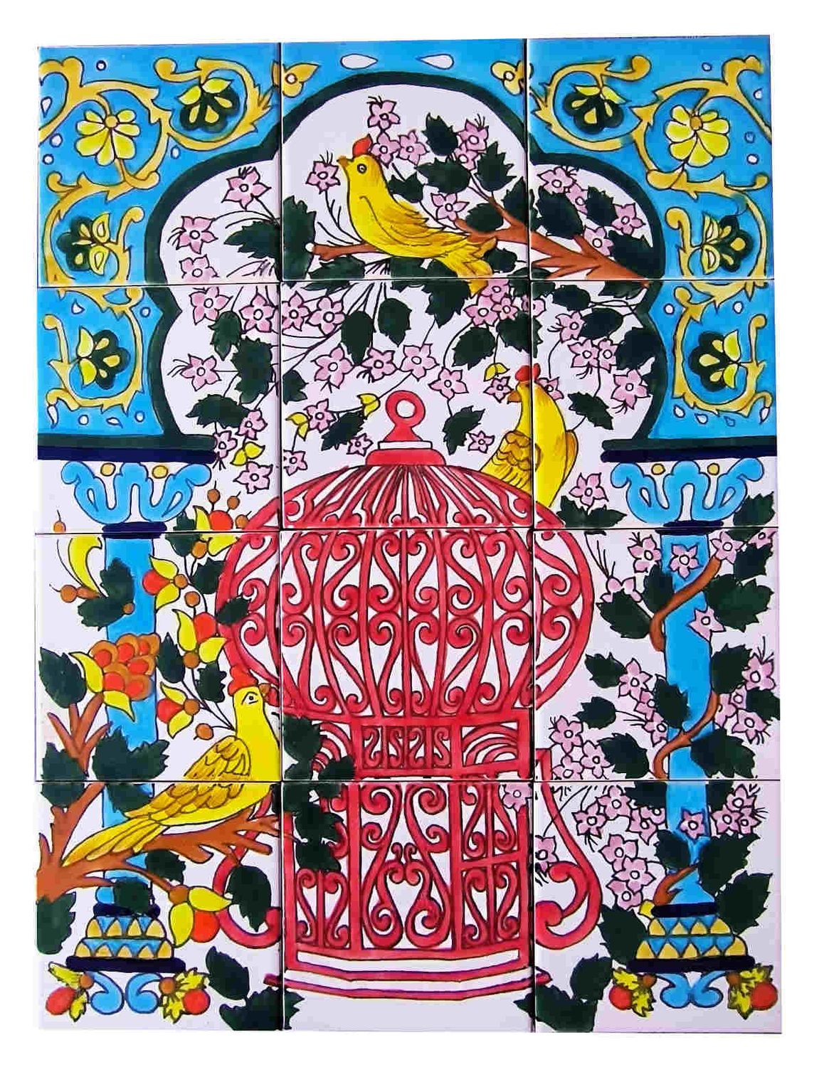 Orientalisches Azulejos Fliesenbild 45x60 cm mit rotem Vogelkäfig und gelben Singvögeln
