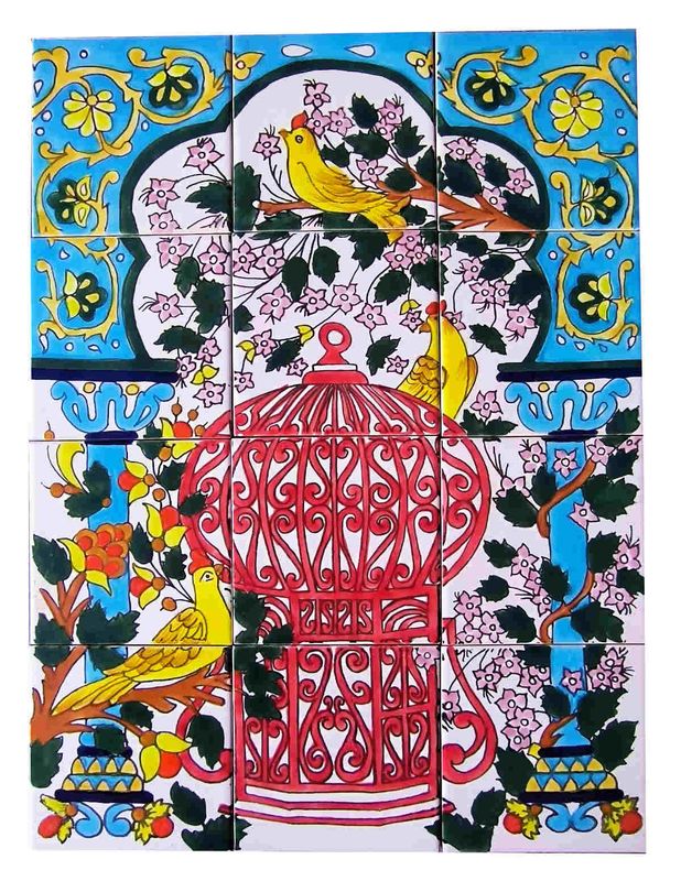 Orientalisches Azulejos Fliesenbild 45x60 cm mit rotem Vogelkäfig und gelben Singvögeln
