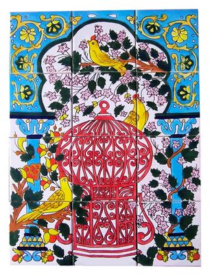 Orientalisches Azulejos Fliesenbild 45x60 cm mit rotem Vogelkäfig und gelben Singvögeln
