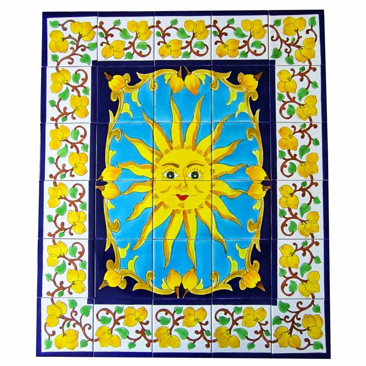 Großes mediterranes Fliesenbild aus 30 handbemalten Fliesen mit Sonnenmotiv und Zitronen-Bordüre
