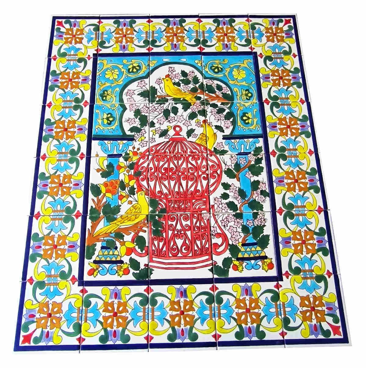 Prachtvolles orientalisches Wandbild aus 30 handbemalten Keramikfliesen mit traditionellen Mustern
