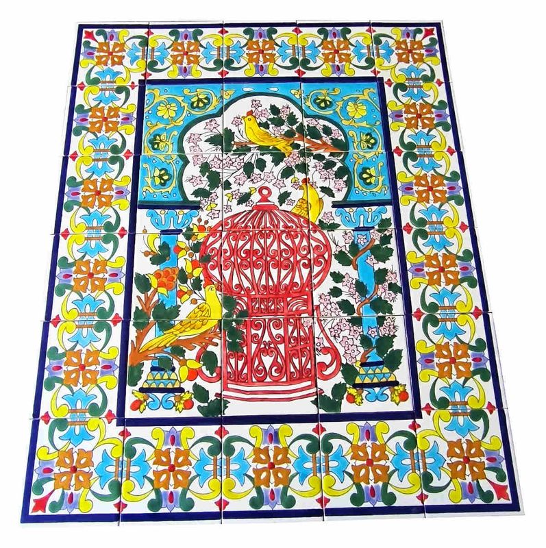 Prachtvolles orientalisches Wandbild aus 30 handbemalten Keramikfliesen mit traditionellen Mustern
