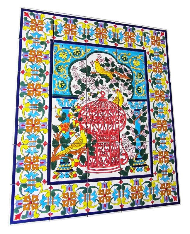 Orientalische Fliesenkunst 75x90 cm mit Vogelmotiv und kunstvoller ornamentaler Bordüre
