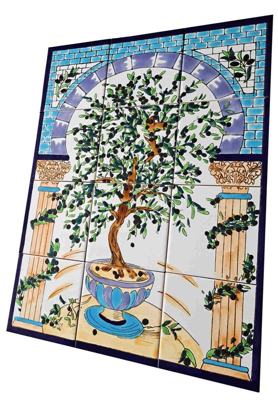 Tableau mural méditerranéen 45x60 cm composé de 12 carreaux de céramique avec rameaux d'olivier et vase.