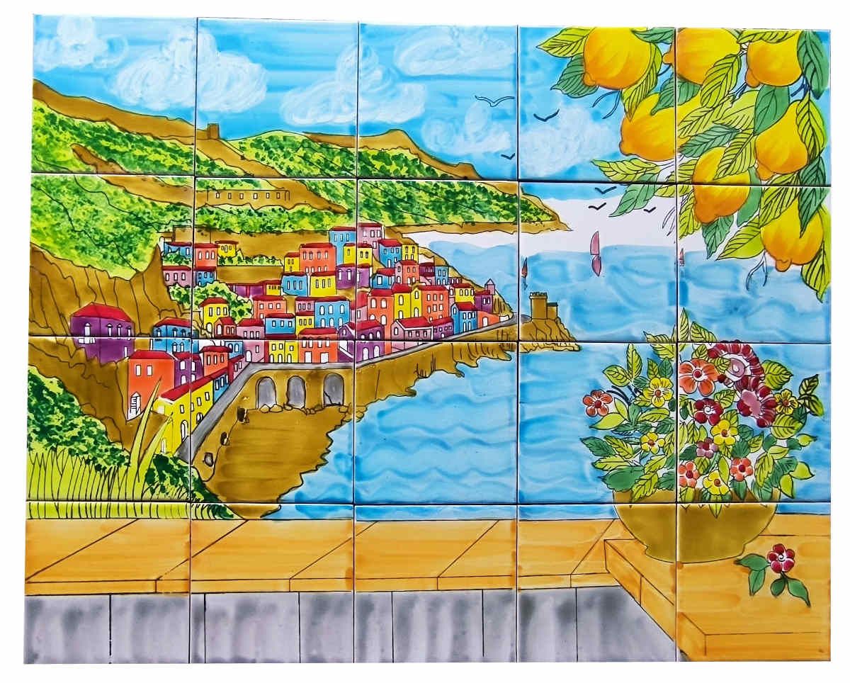 Handbemaltes Fliesenbild Amalfiküste mit Zitronen und bunten Häusern 60x75 cm

