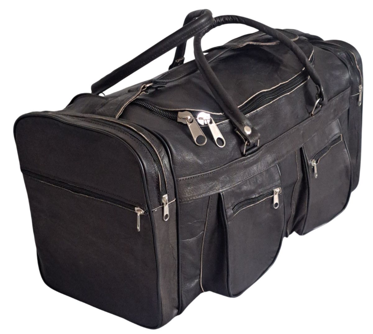 Handgefertigte Reisetasche aus schwarz-grauem Ziegenleder im verwaschenen Vintage-Look.
