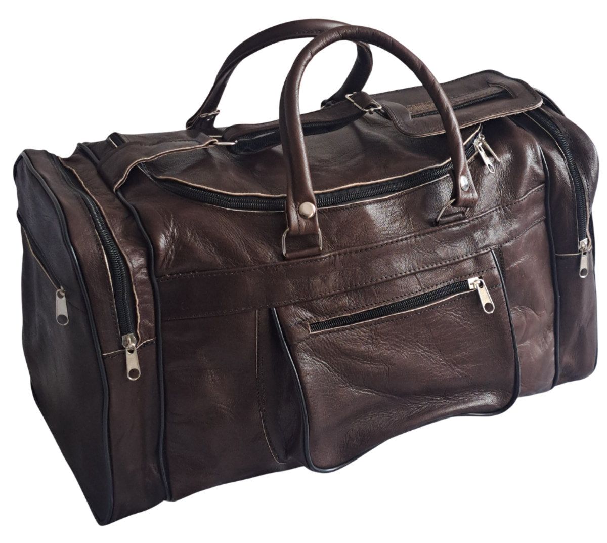 Dunkelbraune Ziegenleder-Reisetasche mit insgesamt 5 praktischen Reißverschlusstaschen.
