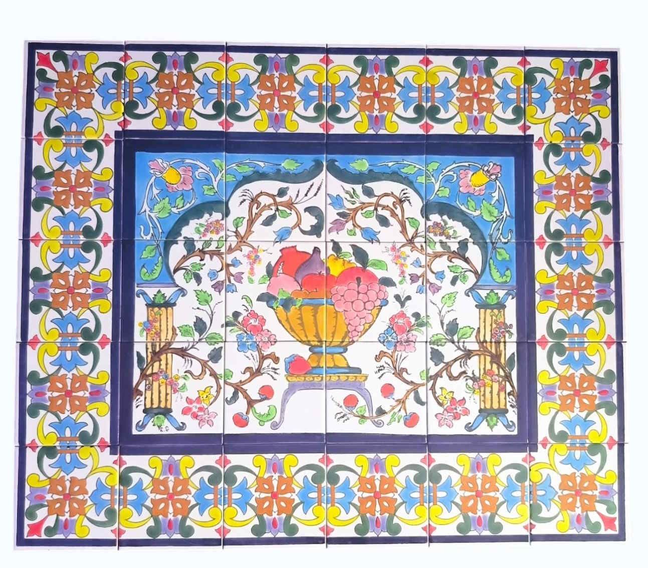 30-teiliges handbemaltes Fliesenbild mit Motiv Obstschale im orientalischen Stil für Wanddekoration 90x75 cm