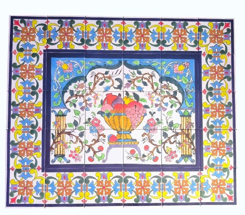 Fresque murale de 30 carreaux peints à la main avec motif coupe de fruits style oriental 90x75 cm