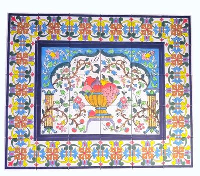 Monumentales 30-teiliges handbemaltes Fliesenbild mit Blumenvase-Motiv, orientalisches Wandgemälde 90x75cm.