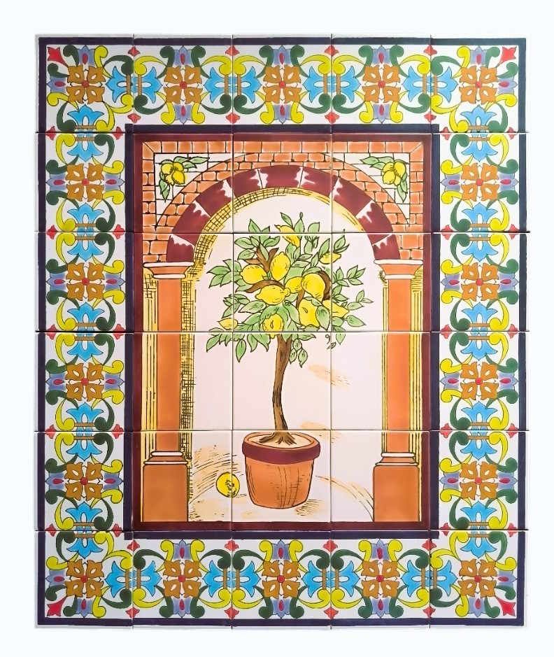 Handbemaltes mediterranes Keramik-Fliesenbild Zitronengarten 75x90 cm mit Zitronenbaum-Motiv und gemusterter Bordüre.