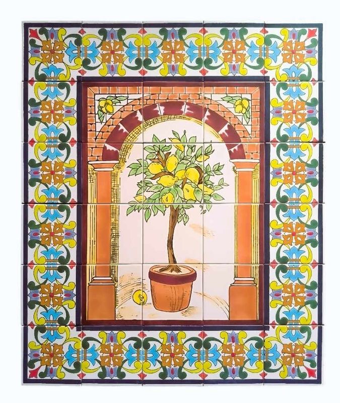Fresque murale en céramique peinte à la main Jardin de Citrons 75x90 cm avec motif de citronnier et frise ornementale.