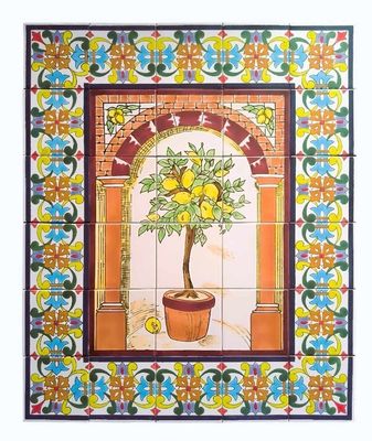 Fresque murale en céramique peinte à la main Jardin de Citrons 75x90 cm avec motif de citronnier et frise ornementale.