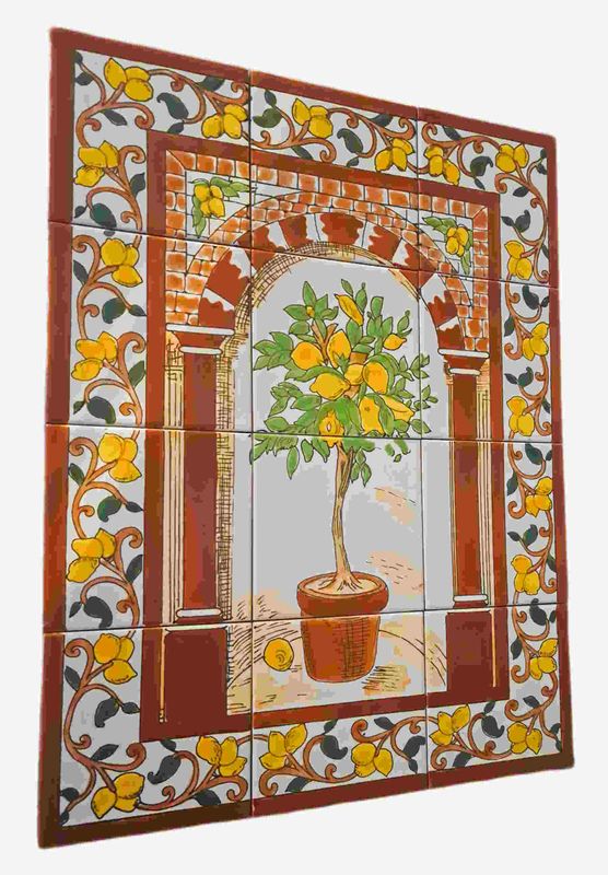 Seitenansicht der glasierten Kacheln des mediterranen Wandbildes mit Zitronen-Motiv, glänzende Oberfläche im Detail.
