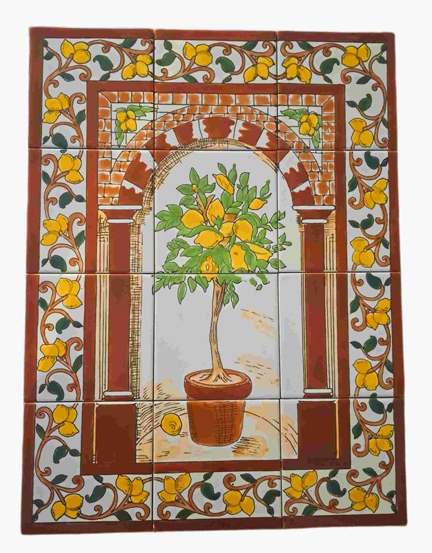 Fliesenbild Zitronenbaum 45x60cm aus 12 Kacheln für die Küche als mediterrane Wandgestaltung aus der Vogelperspektive.
