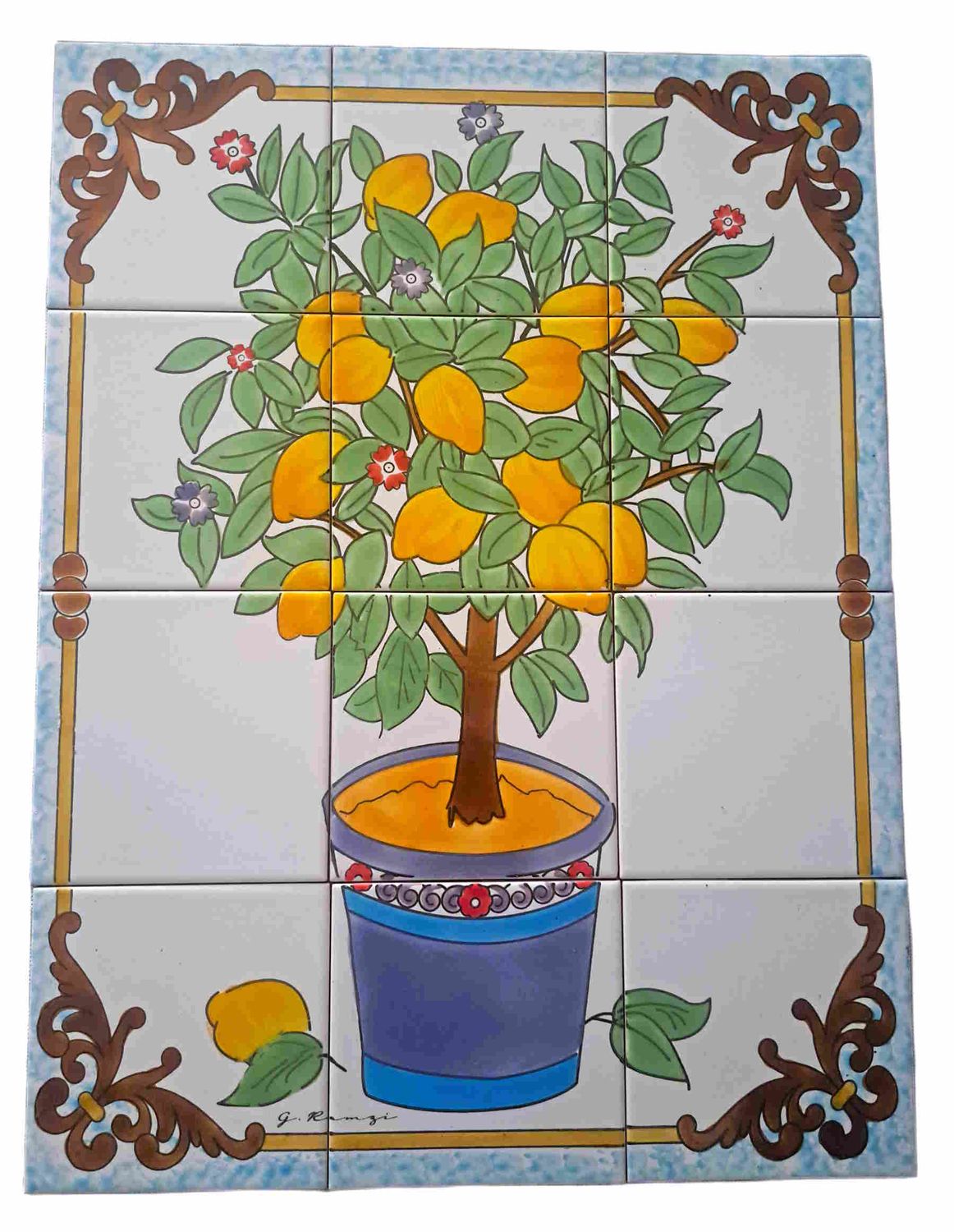 Mosaikbild Zitronenbaum im blauen Topf 45x60cm aus 12 handbemalten Kacheln als Wandbild in der Küche aus der Vogelperspektive