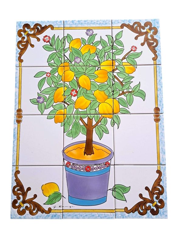 Mosaique faience citronnier pot jaune peinture main credence cuisine azulejo retro
