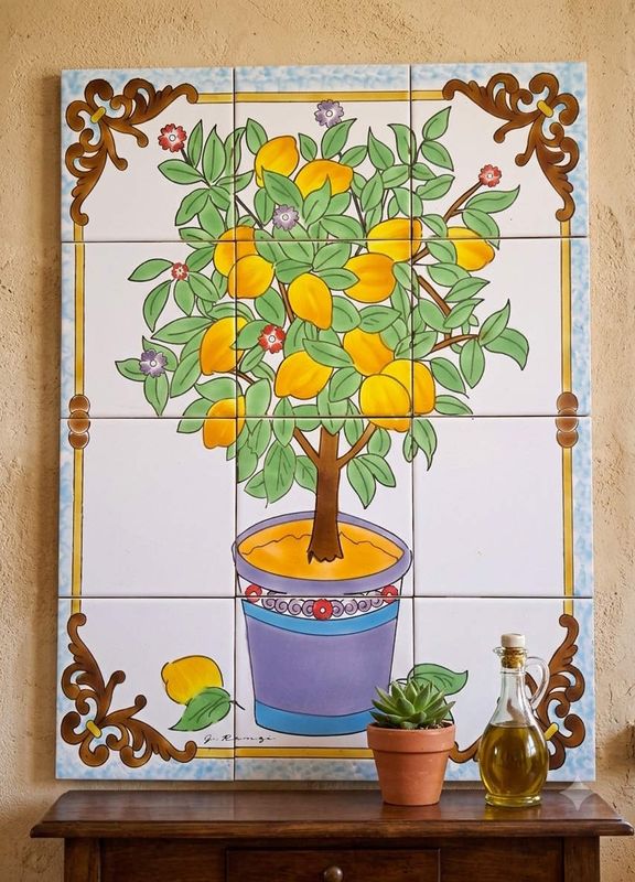 Exemple d application fresque murale azulejos citronnier credence cuisine vintage
