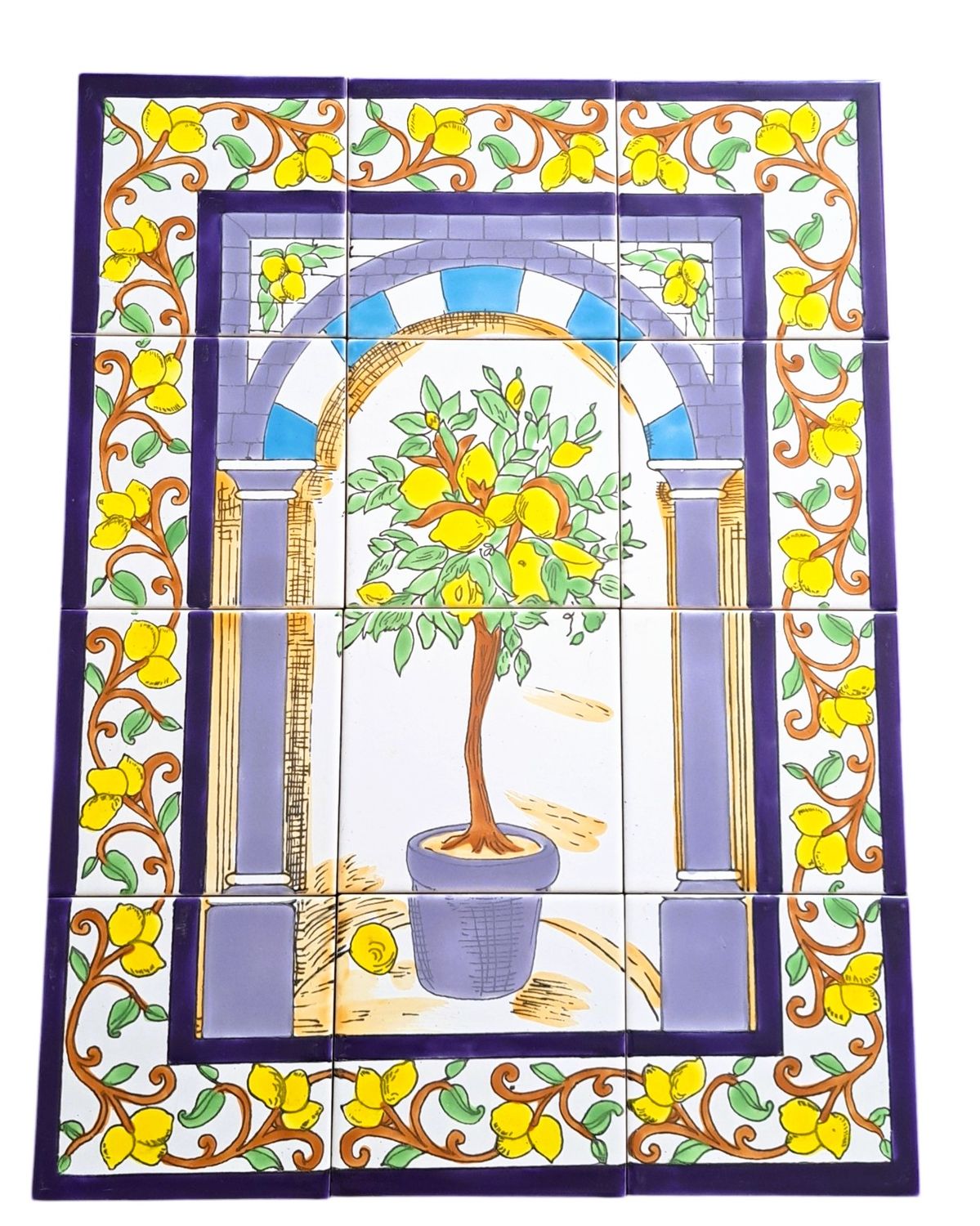 Handbemaltes mediterranes Fliesenbild mit Zitronenbaum und Bordüre
