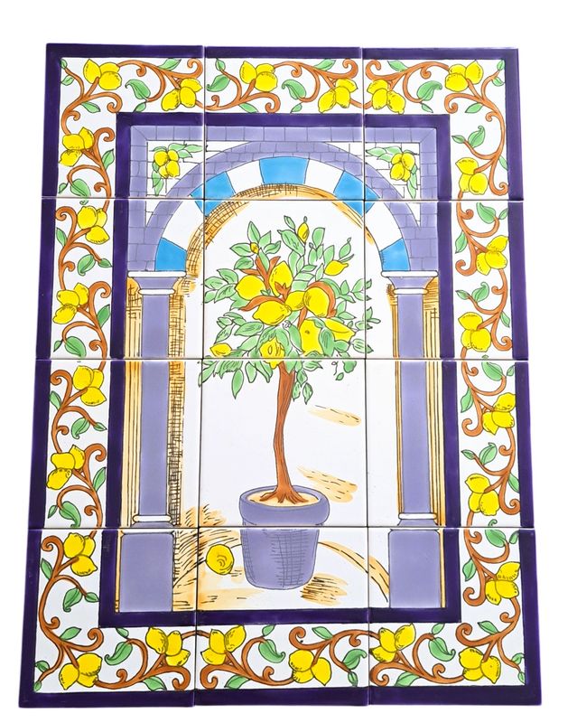 Handbemaltes mediterranes Fliesenbild mit Zitronenbaum und Bordüre
