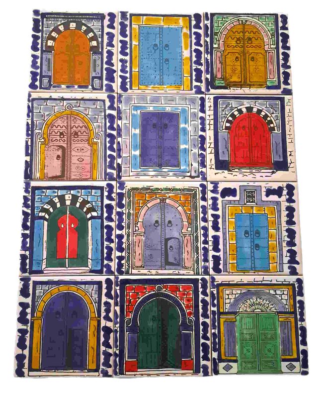 Orientalisches Fliesenbild Türen 45x60cm aus 12 handbemalten Kacheln für die Wandgestaltung aus der Vogelperspektive.
