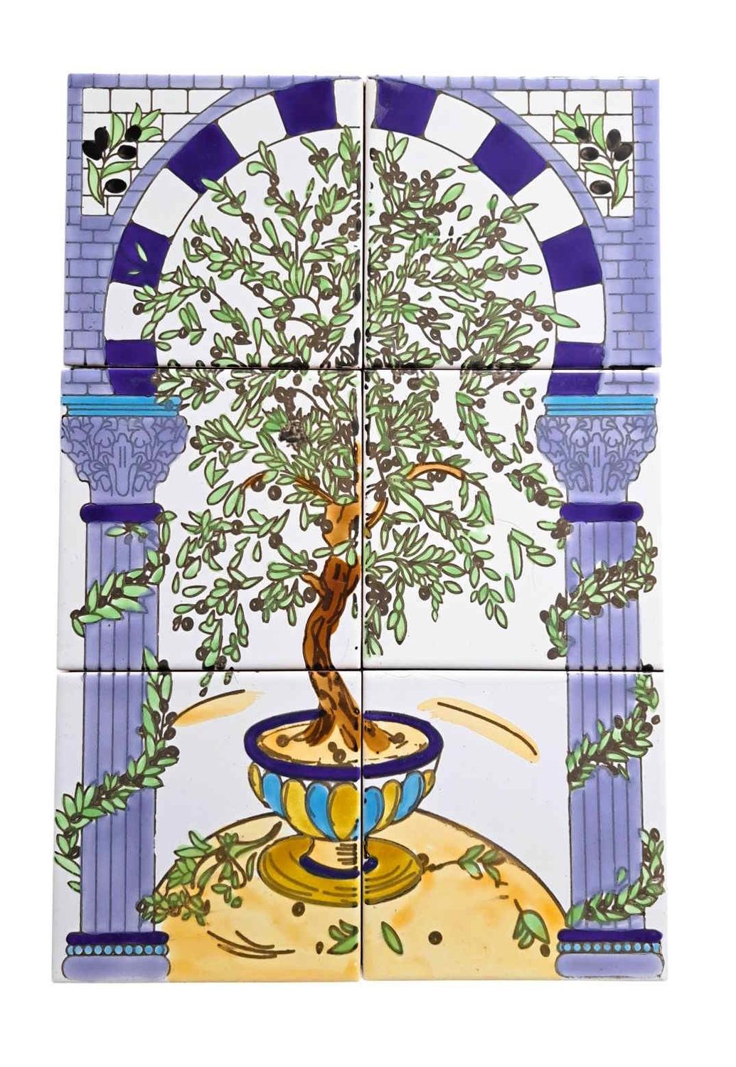 Handbemaltes Fliesenbild mit mediterranem Olivenbaum, antiken Säulen und Mosaikbogen für Küche und Bad.