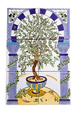Fresque en azulejos peinte à la main avec olivier méditerranéen, colonnes et arche pour cuisine.