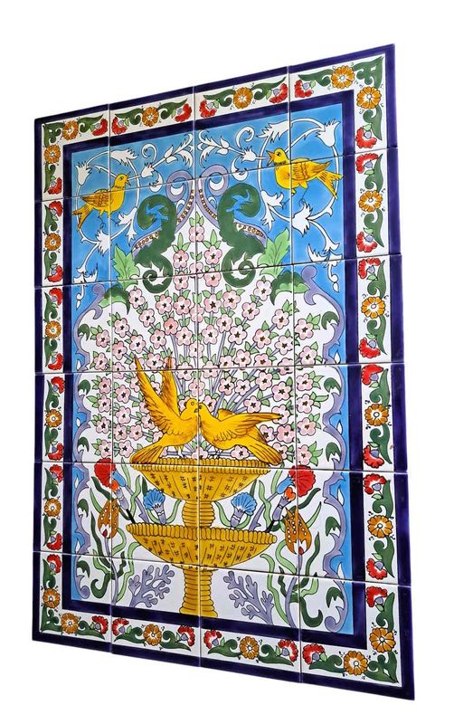 Küchenfliesen Backsplash Detail gelbe Vögel auf Springbrunnen handgemalt