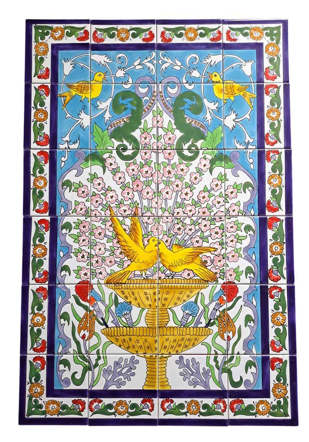 Handbemaltes Fliesenbild Vögel am Brunnen 60x90 cm orientalische Mosaikfliesen