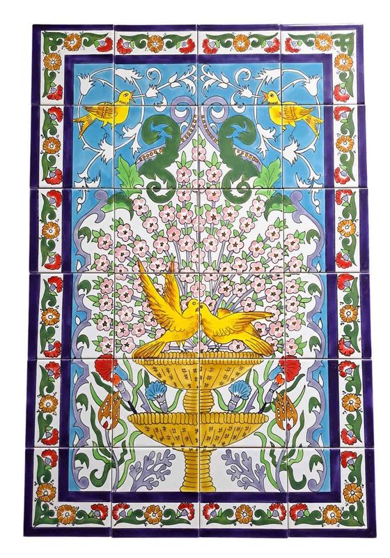 Handbemaltes Fliesenbild Vögel am Brunnen 60x90 cm orientalische Mosaikfliesen