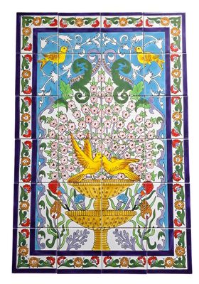 Handbemaltes Fliesenbild Vögel am Brunnen 60x90 cm orientalische Mosaikfliesen
