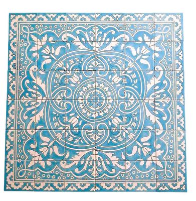 Fresque murale mosaïque Mandala turquoise 90x90 cm peinte à la main vue de face décoration d'intérieur de luxe.

