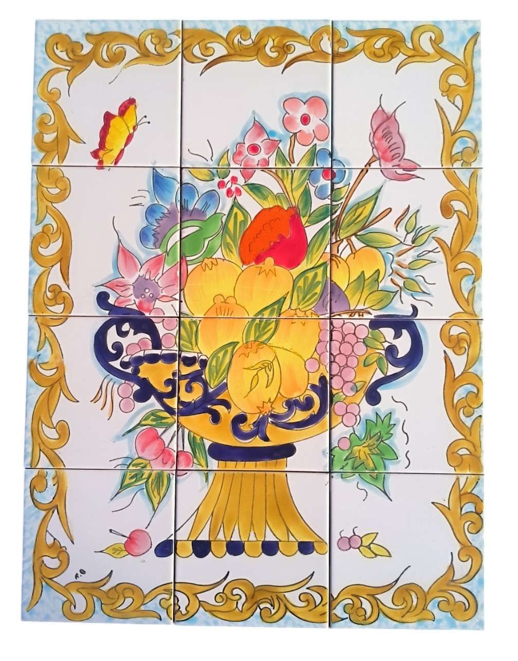 Handbemaltes Fliesenbild 45x60cm Obstschale - Azulejos mediterrane Keramik Kacheln für die Wand
