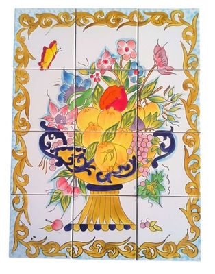 Handbemaltes Fliesenbild 45x60cm Obstschale - Azulejos mediterrane Keramik Kacheln für die Wand