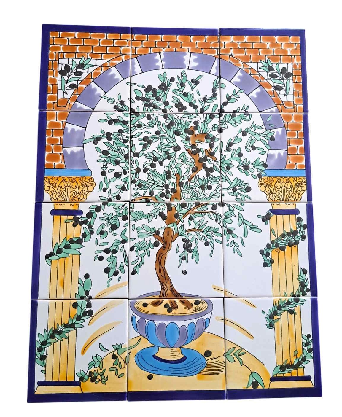Handbemaltes Olivenbaum Keramikwandbild mit bunten Sommerblumen im Ziermosaik Torbogen vor weißem Grund
