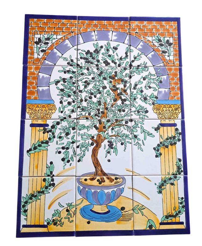 Handbemaltes Olivenbaum Keramikwandbild mit bunten Sommerblumen im Ziermosaik Torbogen vor weißem Grund