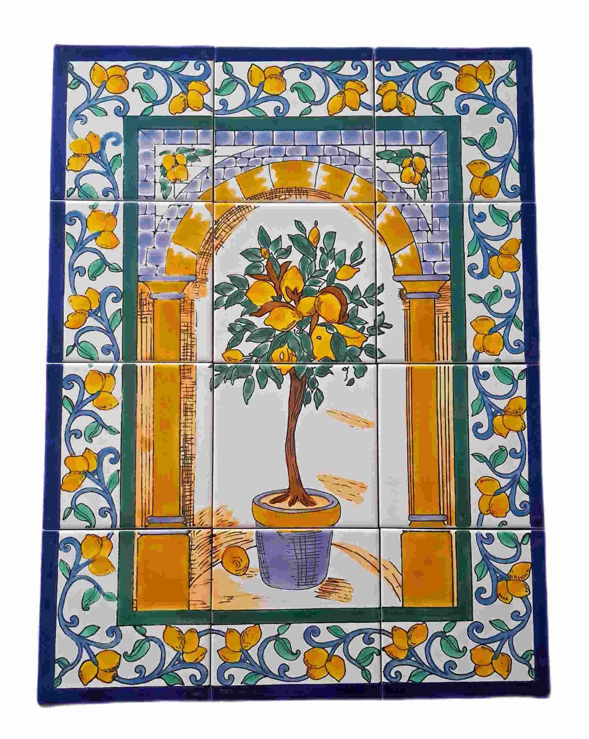 Handbemaltes Keramikwandbild mit Zitronenbaum im Tontopf und blauer Ornament Umrahmung vor weißem Grund