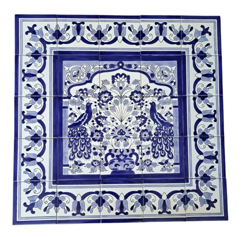 Handbemaltes Fliesenbild Pfau Blau-Weiß, 25 Fliesen im 75x75 cm Format, orientalisches Design für Wanddekoration  