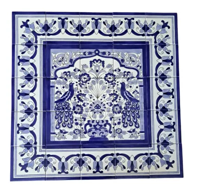 Handbemaltes Fliesenbild Pfau Blau-Weiß, 25 Fliesen im 75x75 cm Format, orientalisches Design für Wanddekoration  