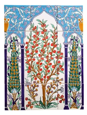 Handbemalte Randfliesen mit blauem Blumen-Muster als ornamentaler Rahmen.