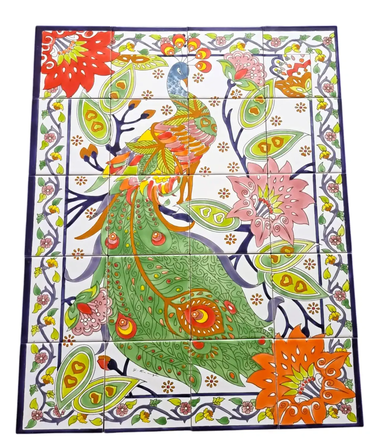 Handbemaltes Fliesenbild Pfau-Motiv 60x90 cm mit Blumen und Mosaikfliesen

