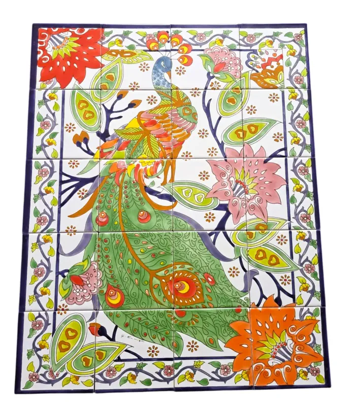 Handbemaltes Fliesenbild Pfau-Motiv 60x90 cm mit Blumen und Mosaikfliesen

