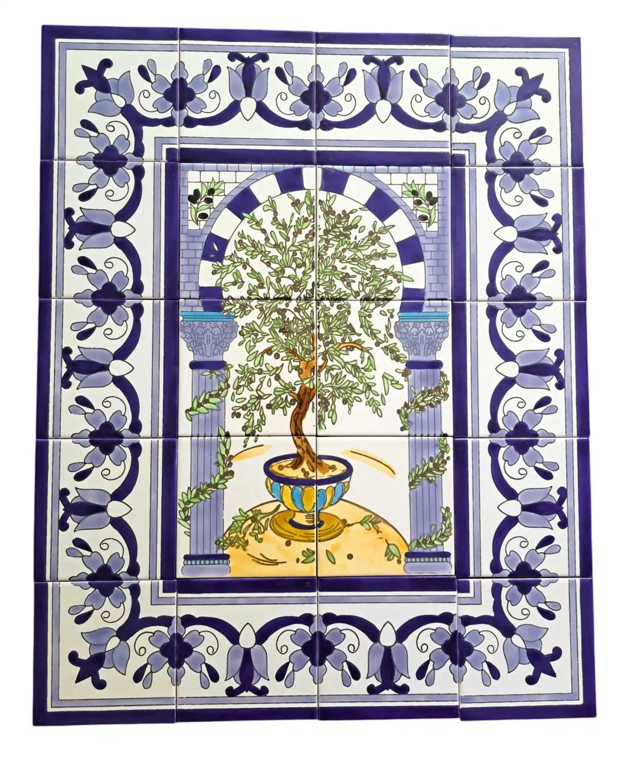Handbemalte Randfliesen mit blauem Blumen-Muster als ornamentaler Rahmen.